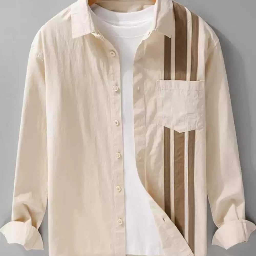Beige Stripe Accent Casual Shirt
